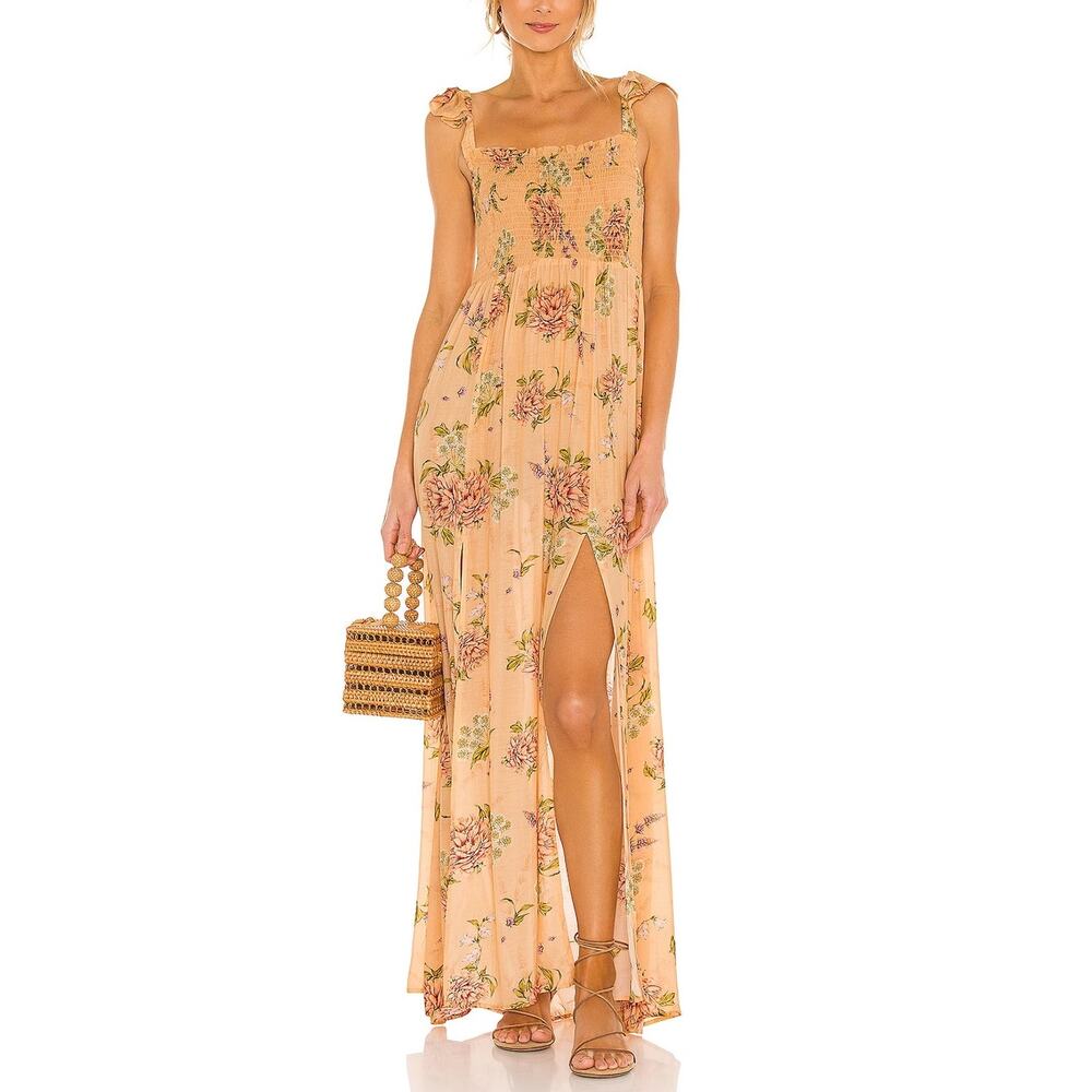 Agua Bendita Peach Floral Maxi Dress with Pink & Green Accents